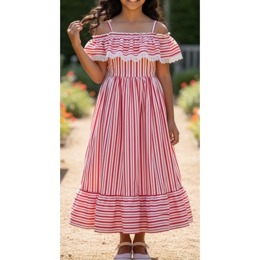 New H&M Red White Stripe candy stripe Dress Youth 10-12